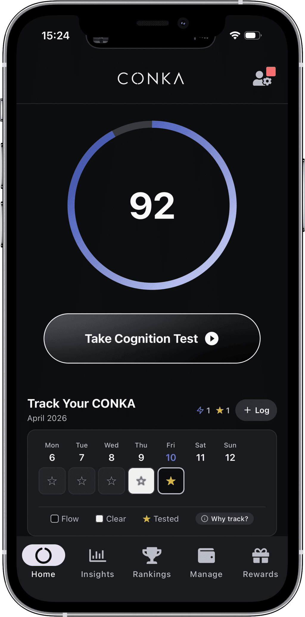 CONKA app interface showing a cognitive test score