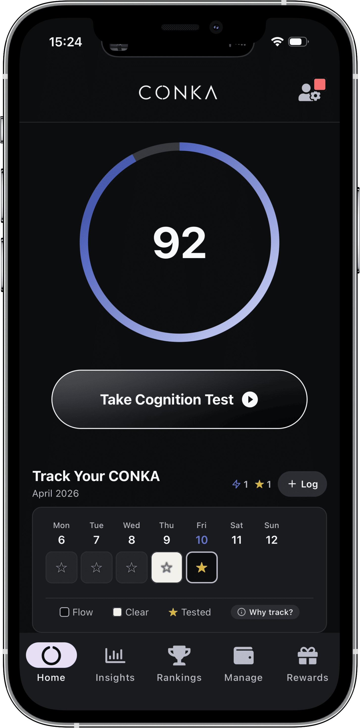 CONKA app cognitive score ring with daily tracking