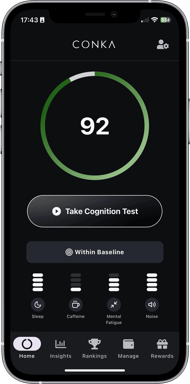 CONKA app showing cognitive performance score
