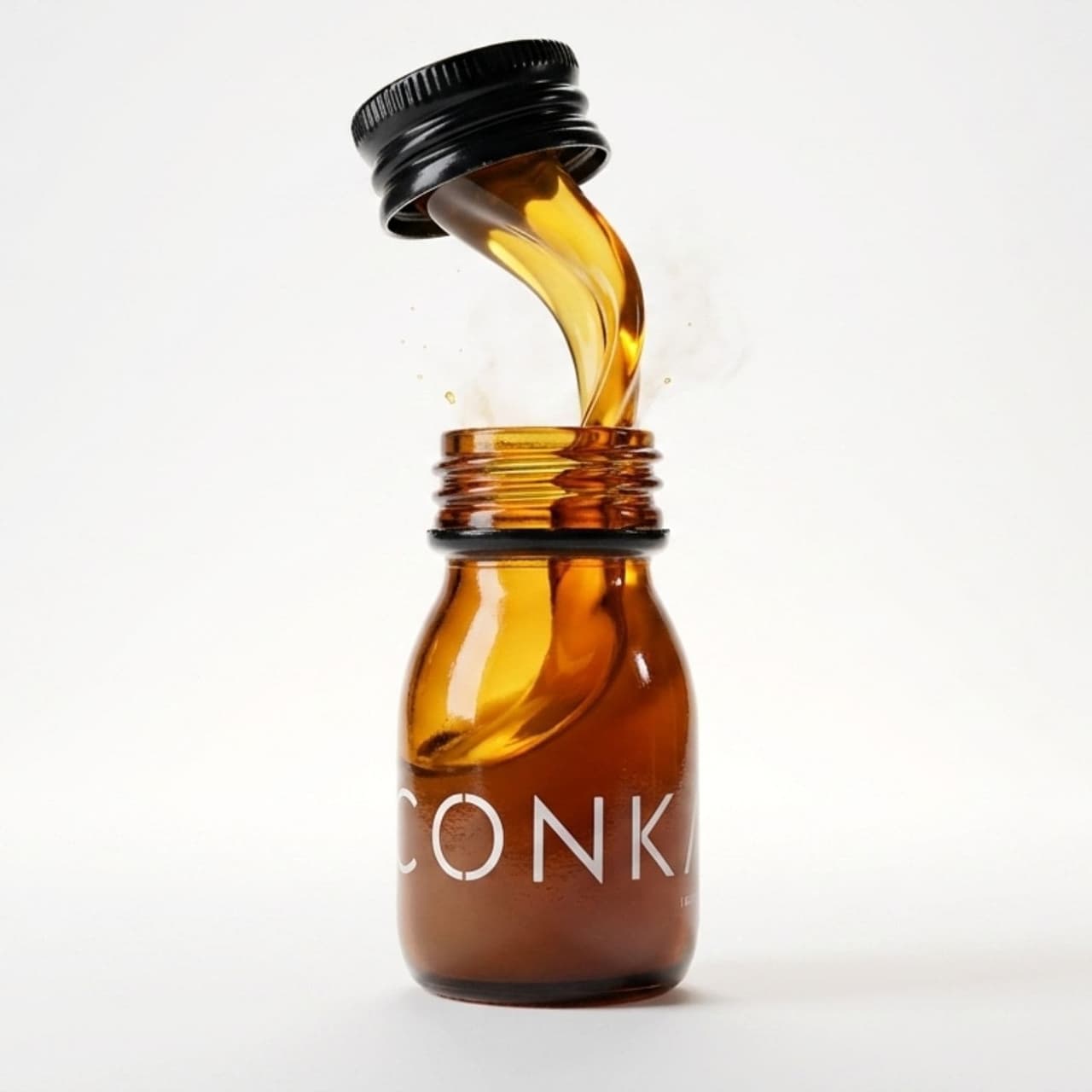 CONKA Flow liquid pouring from an amber bottle