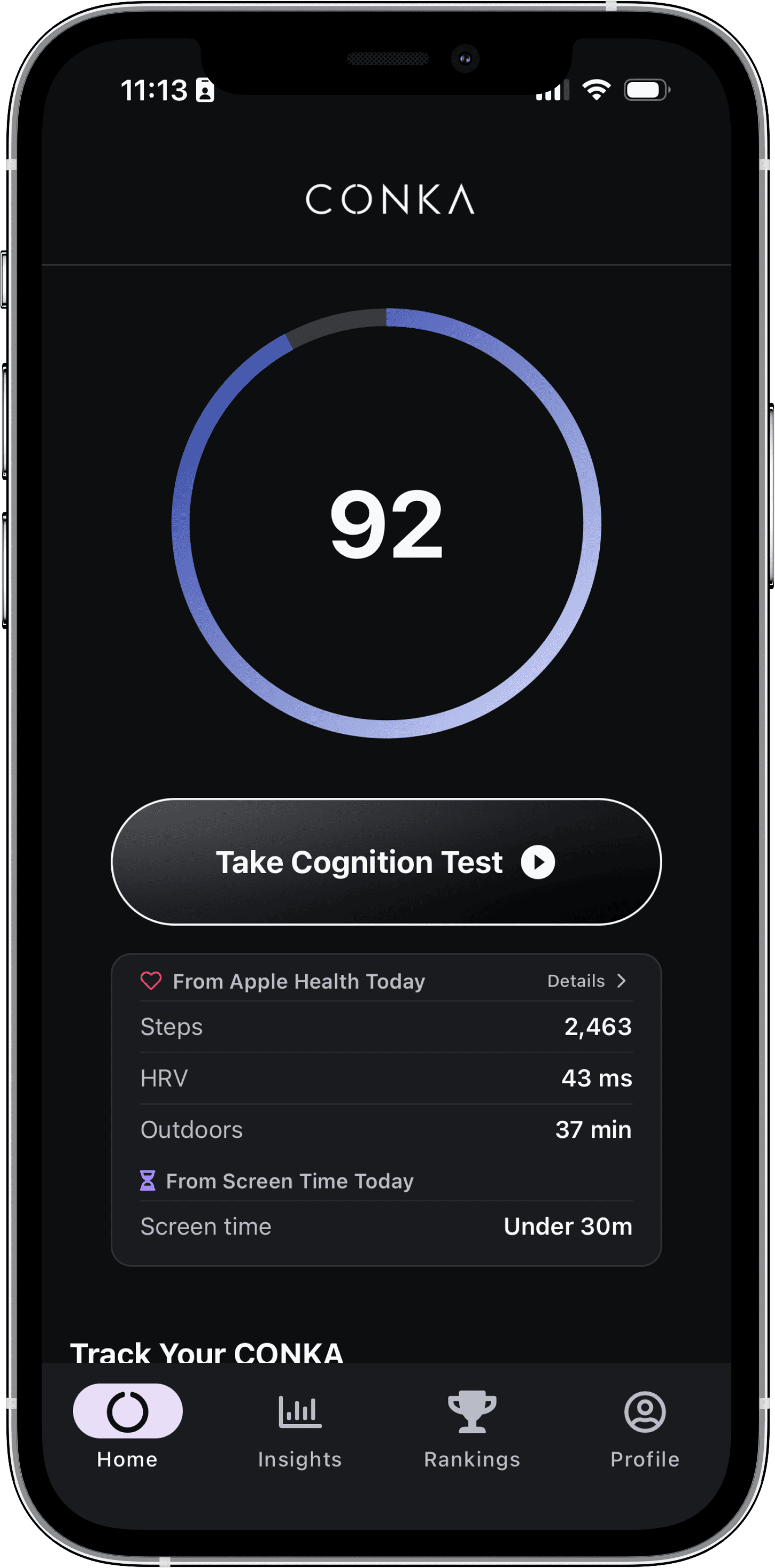 CONKA app home screen showing a cognitive score of 92 with Apple Health and Screen Time data synced