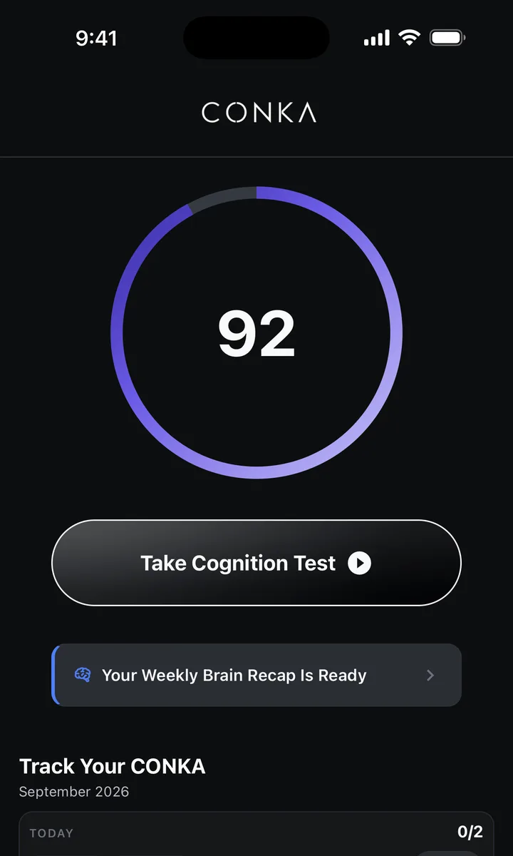 CONKA app home screen showing a cognitive score of 92