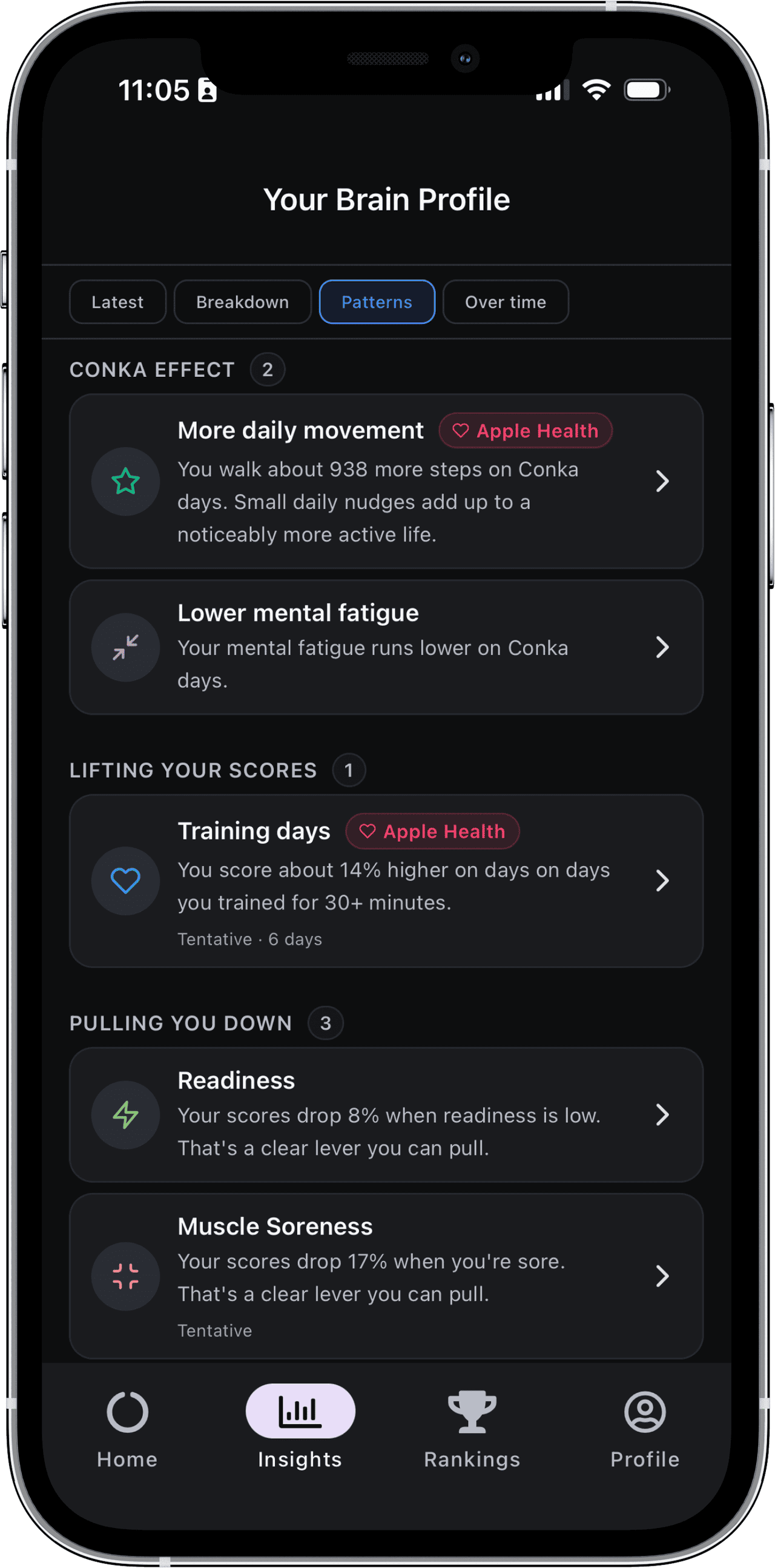CONKA app patterns screen showing personalised insights like more daily movement on CONKA days