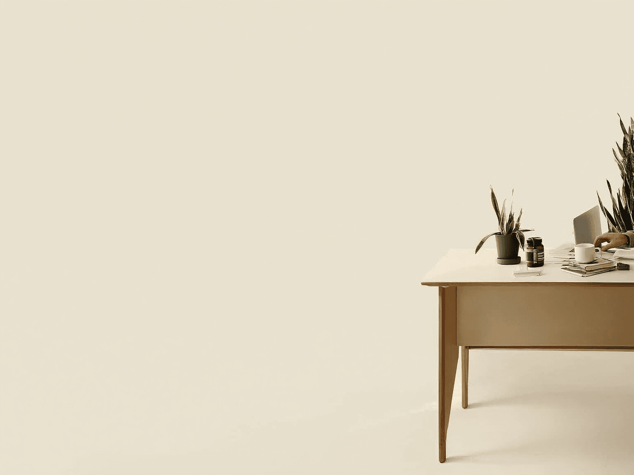 A minimalist wooden desk with potted plants, laptop, and office supplies against a beige wall.