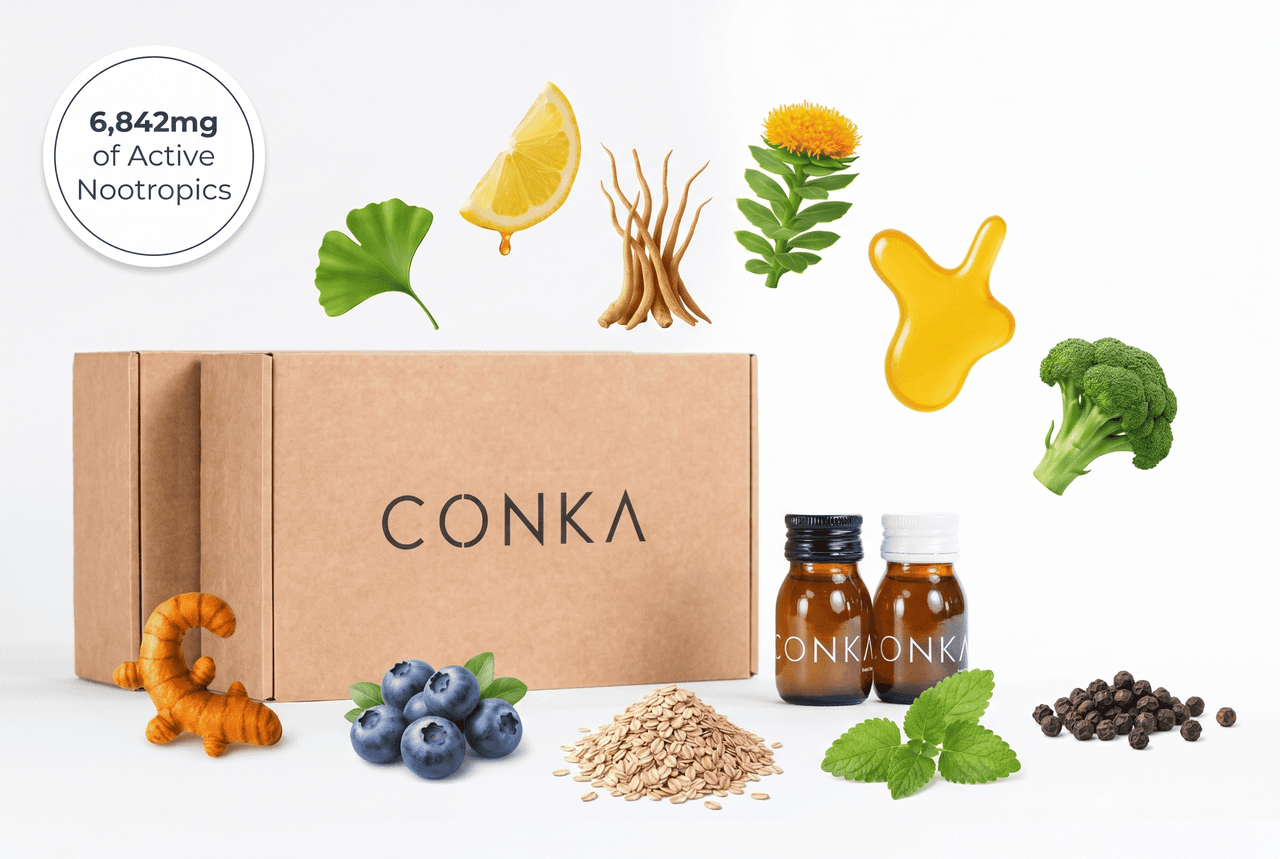 CONKA Flow and Clear shots surrounded by their ingredients