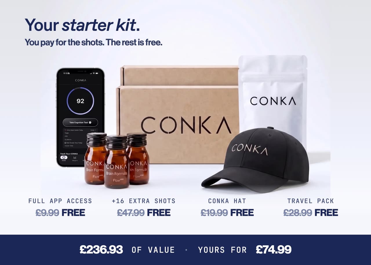 Everything in the starter kit: CONKA Flow + Clear, 40 shots, +16 free shots, CONKA Hat, Capsule Travel Pack, Full CONKA app access