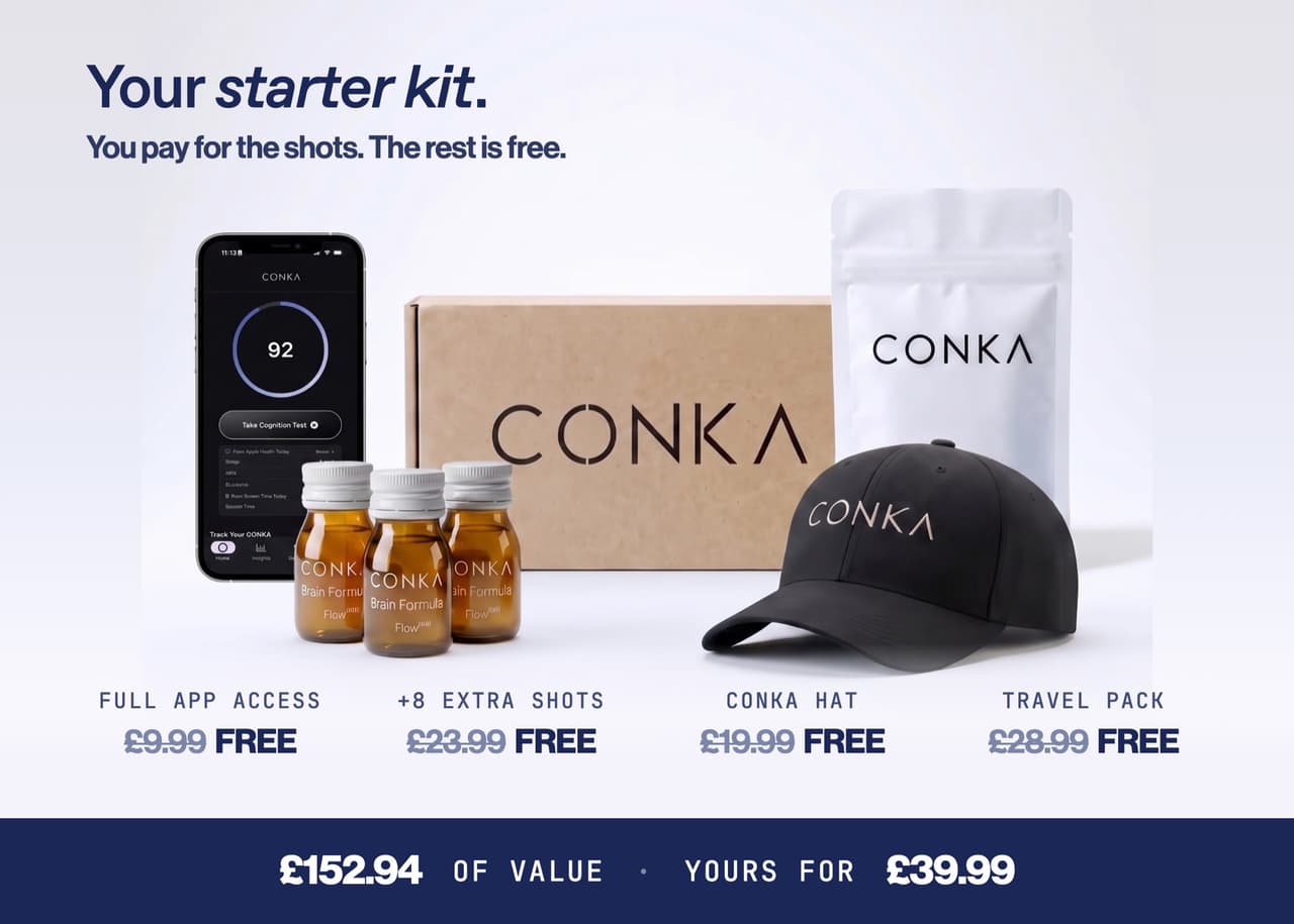 Everything in the starter kit: CONKA Clear, 20 shots, +8 free shots, CONKA Hat, Capsule Travel Pack, Full CONKA app access