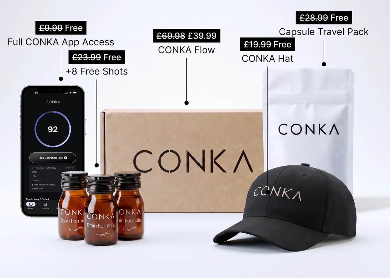 Everything in the starter kit: CONKA Flow, 20 shots, +8 free shots, CONKA Hat, Capsule Travel Pack, Full CONKA app access