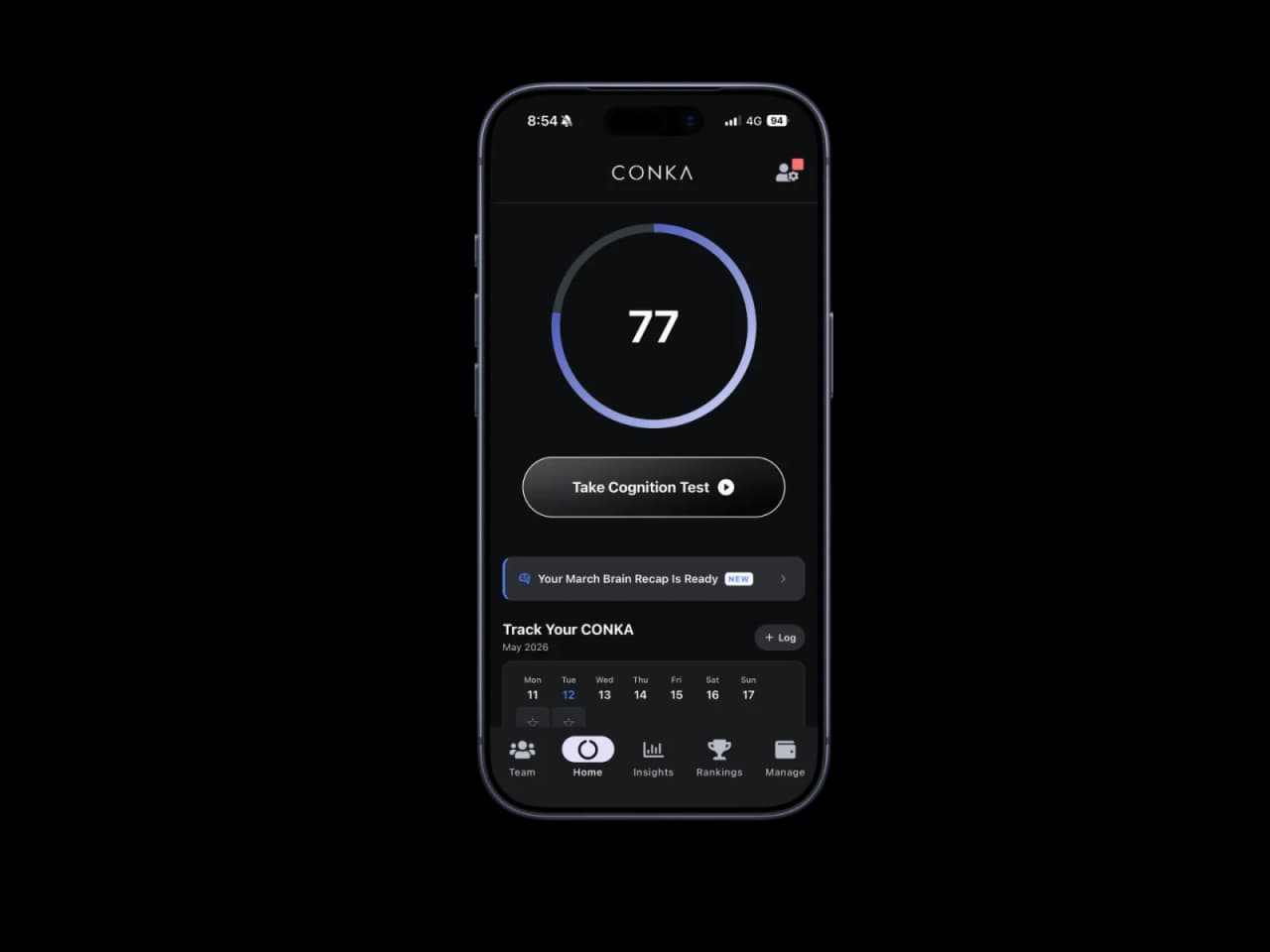 The CONKA app showing a daily cognitive performance score