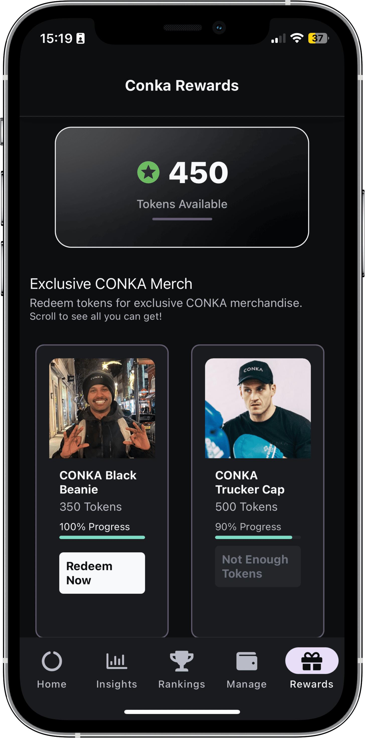 CONKA app rewards screen showing token balance and exclusive merch